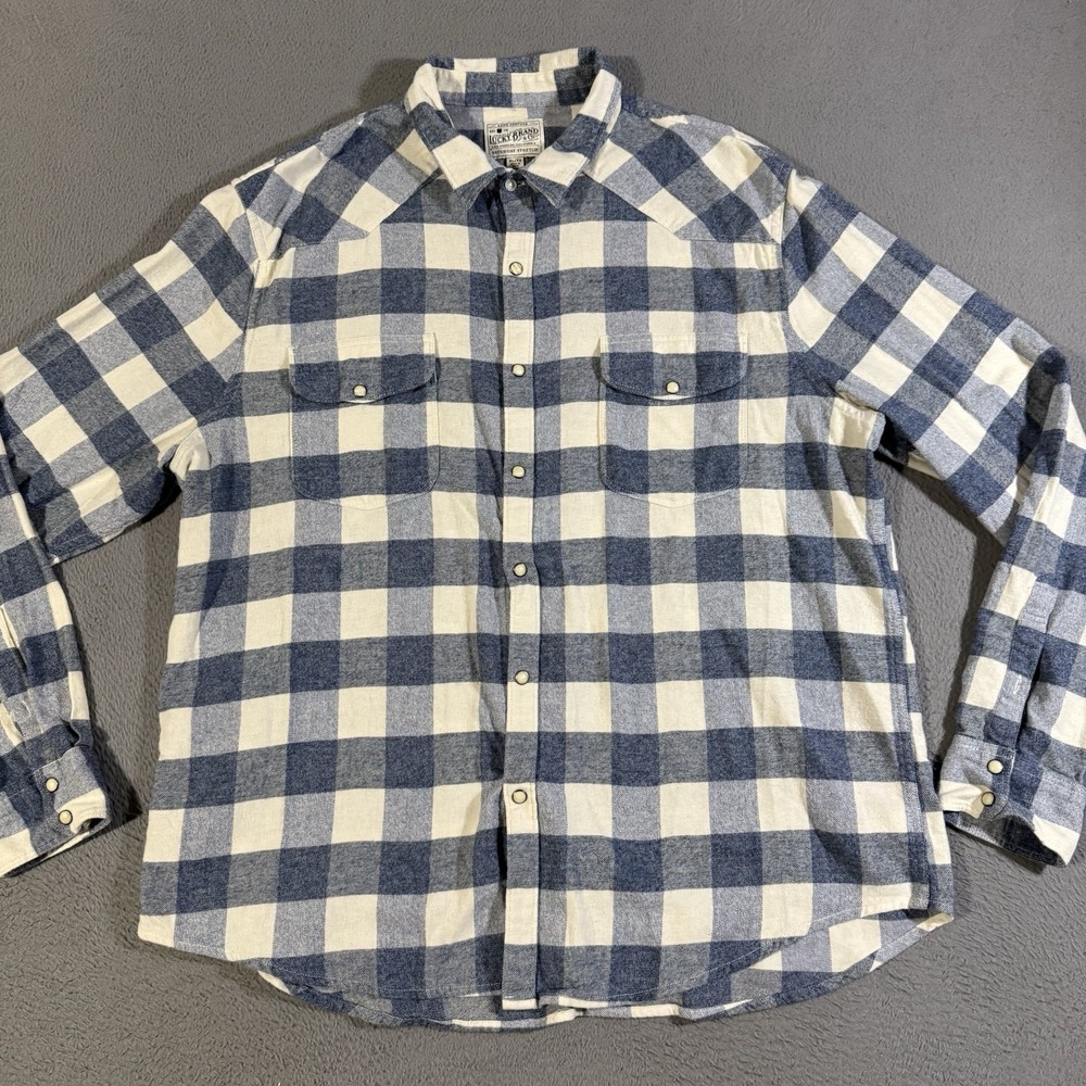 Lucky‎ Brand Pearl Snap Flannel Shirt Mens Size XL Blue White Plaid Long Sleeve